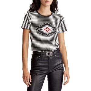 Polo RL Womens Tee Sz L Black White Stripe Beaded Native American Short Sleeve